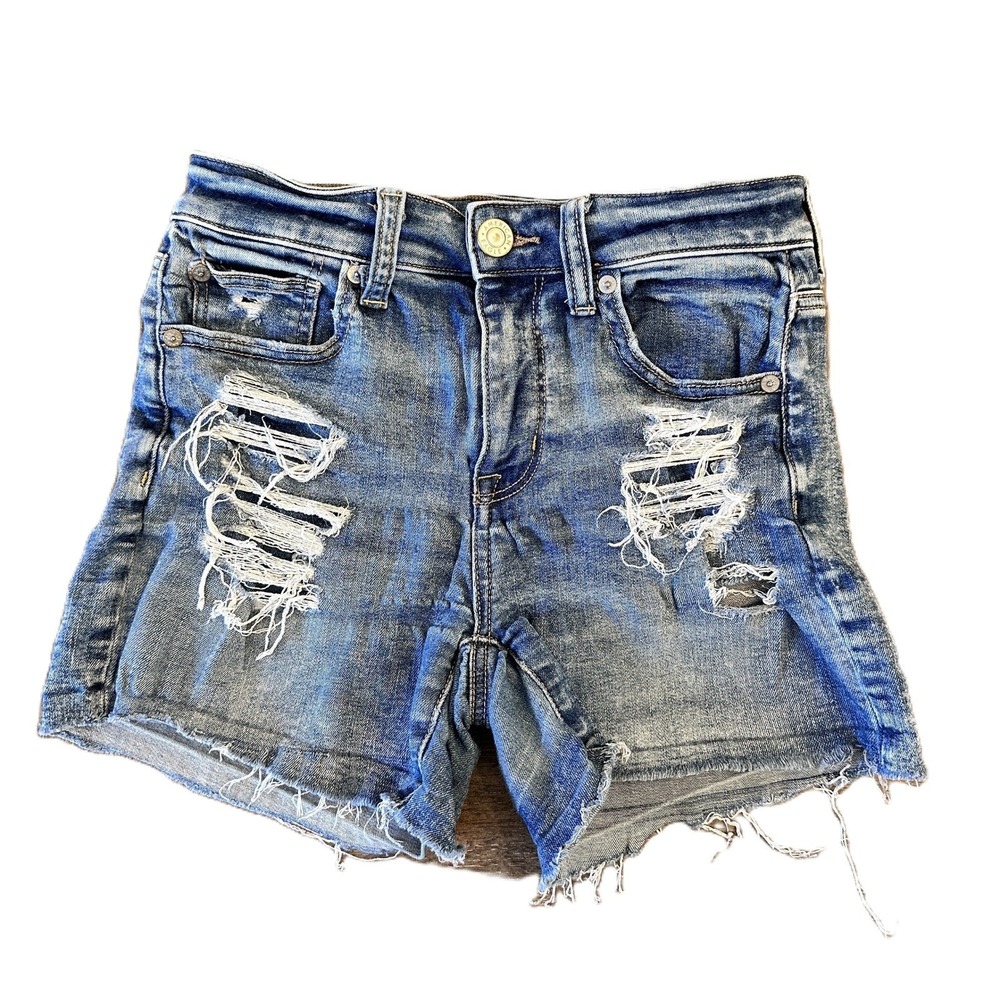 American Eagle Next Level Stretch Distressed Jean Shorts Womens 2 Blue Frayed - Picture 2 of 11